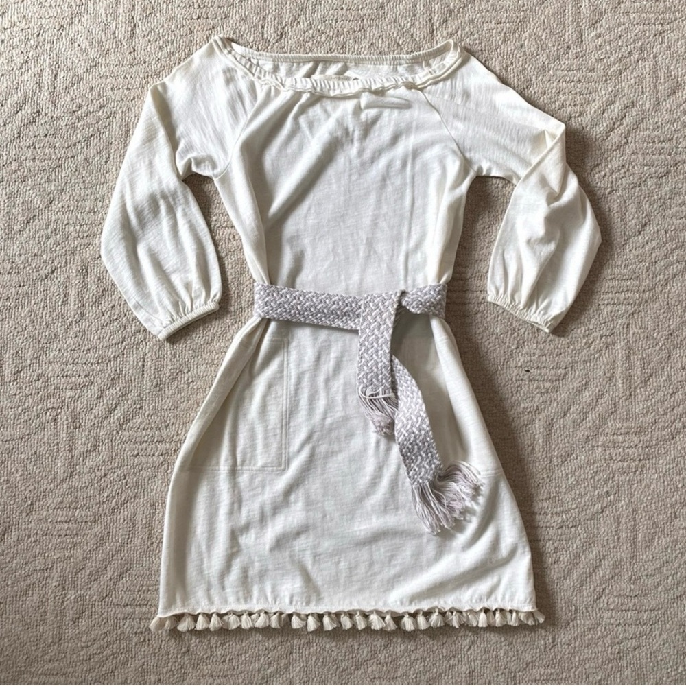 Grey State Off-White Boat Neck Off Shoulder Cotton Linen Dress